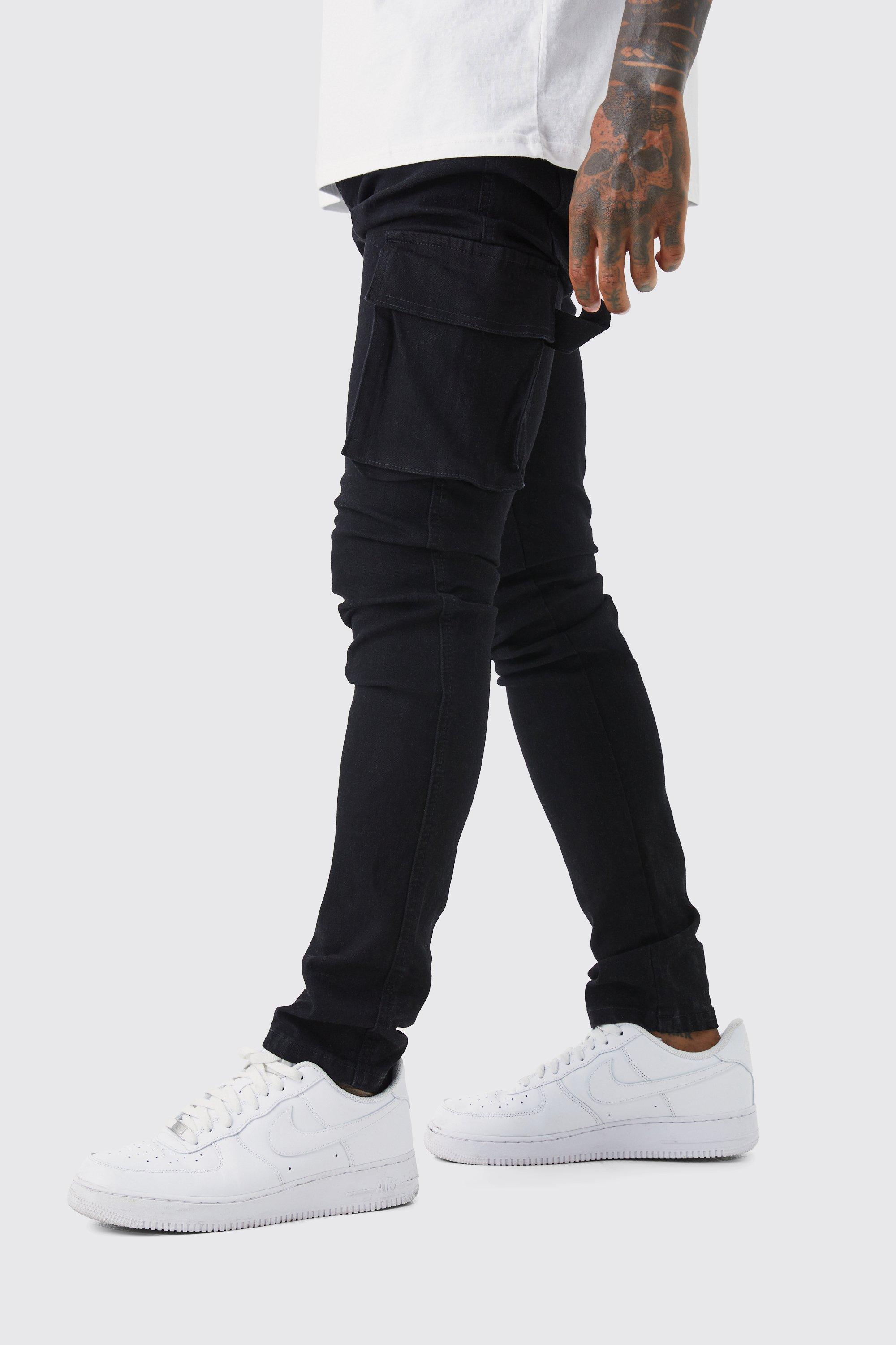 Mens Black Skinny Stretch Carpenter Cargo Jean, Black